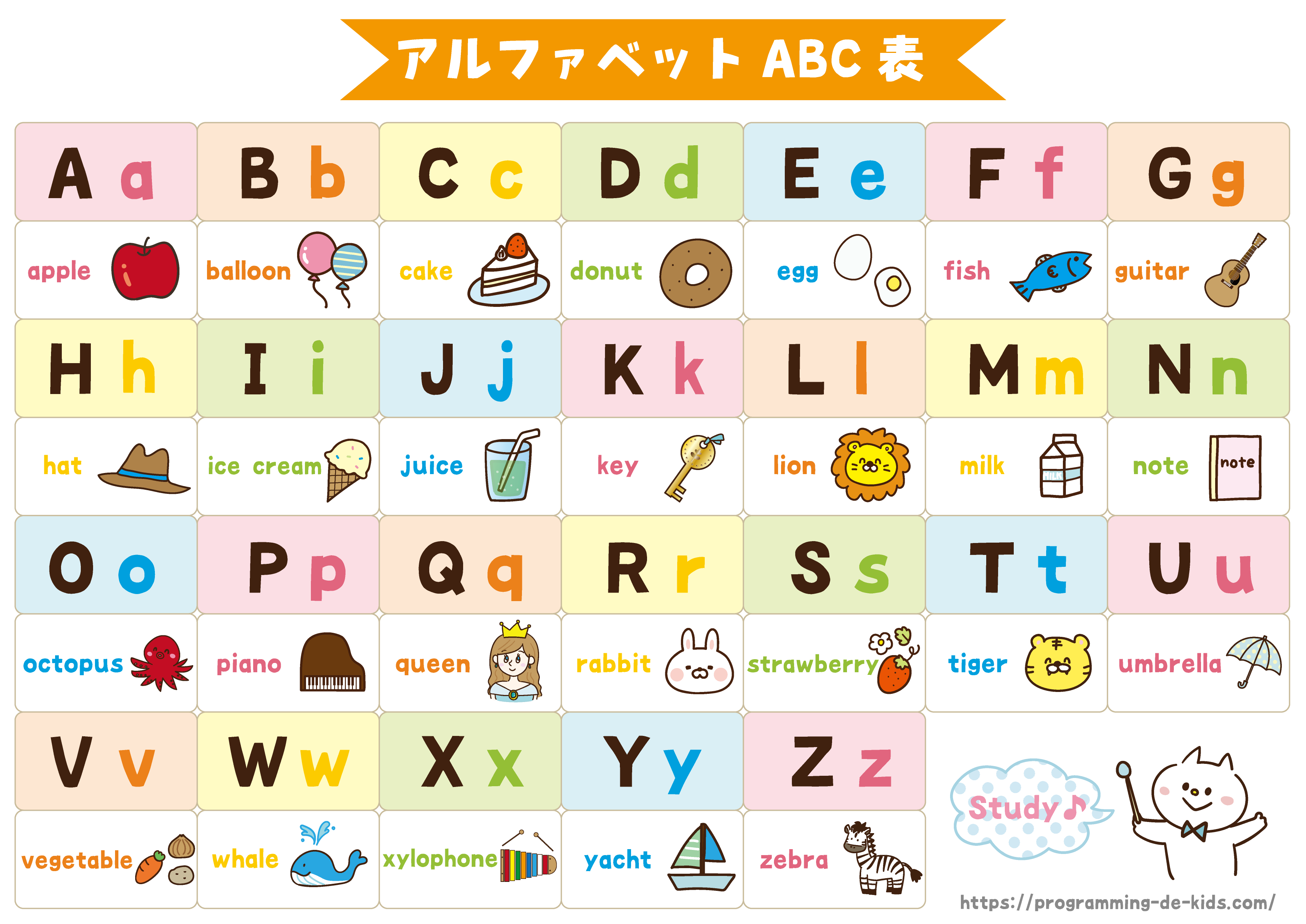 アルファベット表無料ダウンロード 大文字 小文字 イラスト入り 幼児や小学生の知育に手作りしてみた プログラミングdeキッズ